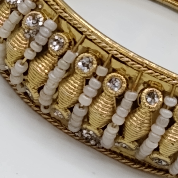 Wire Wrapped Wide Chunky Gold tone Beaded Wire Rhinestone Bangle Vintage - Picture 4 of 10